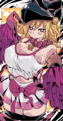black_thighhighs blonde_hair blush bow breasts cheerleader cleavage duel_monster gagaga_girl highres huge_breasts kinakomochi_(user_vedc2333) multicolored_skirt pink_bow pink_eyes pom_pom_(cheerleading) skirt sweat tank_top thick_thighs thighhighs thighs white_tank_top yu-gi-oh! yu-gi-oh!_zexal