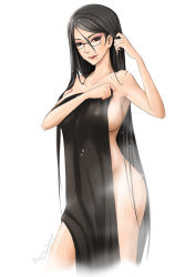 Rule 34 | 1girl, absurdly long hair, after bathing, bayonetta, bayonetta (series), black hair, breasts, brown eyes, cowboy shot, darika wora-apinyaporn, eyeshadow, female focus, glasses, hair down, highres, hip focus, lipstick, long hair, looking at viewer, makeup, mole, mole under mouth, nude, paintze, signature, simple background, smile, solo, steam, towel, very long hair, wet, white background