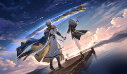 1boy 1girl absurdres arm_up armor astral_express_(honkai:_star_rail) black_boots black_gloves black_jacket boots cloud coat commentary_request dutch_angle english_text floating_clothes from_behind full_body gloves grey_hair high_heel_boots high_heels highres holding_hands honkai:_star_rail honkai_(series) in-universe_location jacket lalazyt long_hair mountainous_horizon outdoors outstretched_arm pauldrons phainon_(honkai:_star_rail) pier pointing ship shooting_star short_hair shoulder_armor single_pauldron sky star_(sky) starry_sky stelle_(honkai:_star_rail) sun sunrise thigh_strap trailblazer_(honkai:_star_rail) train water watercraft white_coat white_hair wind