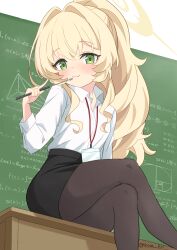 1girl absurdres black_pantyhose blonde_hair blue_archive blush breasts chalkboard closed_mouth collared_shirt commentary crossed_legs feet_out_of_frame fluffy_hair green_eyes halo highres holding holding_pointer kouyatsutou lanyard long_hair long_sleeves looking_at_viewer miniskirt office_lady pantyhose pointer ponytail professor_niyaniya_(blue_archive) shirt side_ahoge sidelocks skirt sleeves_pushed_up smile solo twitter_username white_background white_shirt yellow_halo