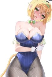 Rule 34 | 1girl, ahoge, bare shoulders, black hair, blonde hair, blue leotard, blush, bob cut, bow, bowtie, breasts, cleavage, commentary, covered navel, crossed bangs, detached collar, dooby (vtuber), fishnets, gloves, green bow, green bowtie, green eyes, green headband, hair between eyes, head tilt, headband, highleg, highleg leotard, highres, indie virtual youtuber, large breasts, leotard, looking at viewer, mouse girl, mouse tail, multicolored hair, official alternate costume, open mouth, pantyhose, playboy bunny, short hair, simple background, solo, strapless, strapless leotard, streaked hair, striped clothes, striped leotard, tail, teeth, traditional bowtie, triangle mouth, upper teeth only, vertical-striped clothes, vertical-striped leotard, virtual youtuber, white background, white gloves, wrist cuffs, yubbiidraw