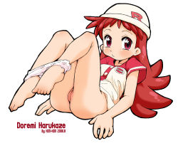 1girl 2006 arm_support artist_name blush character_name cleft_of_venus dated female_focus full_body harukaze_doremi hat konkon leaning_back legs_up loli long_hair looking_at_viewer ojamajo_doremi panties panties_around_ankles panty_pull purple_eyes pussy red_hair shirt short_sleeves simple_background solo uncensored underwear white_background