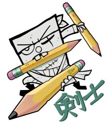 Rule 34 | 1boy, doodlebob, dual wielding, highres, holding, holding pencil, looking at viewer, one eye closed, pencil, percodine, scar, scar across eye, scar on face, simple background, solo, spongebob squarepants (series), toon (style), translation request, white background