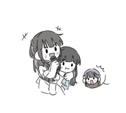 +++ 3girls 4th_live_dream_~bloom_the_dream_believers~ :t ^^^ animification ascot beret black_hair blunt_bangs brown_hair carrying carrying_person commentary dream_believers green_ascot grey_hat hair_ornament hashtag-only_commentary hat holding holding_microphone kan_kanna link!_like!_love_live! long_hair love_live! microphone mira-cra_park! multiple_girls nirei_nozomi official_alternate_costume piggyback rabbit_hair_ornament real_life short_sleeves sidelocks simple_background solid_oval_eyes spoken_character tsukine_kona voice_actor white_background zueka27