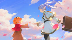 2girls absurdres arm_up black_pantyhose blonde_hair blue_eyes blue_sky capelet child closed_mouth cloud cloudy_sky copyright_notice crossover dress earrings elf floating_earrings floating_hair frieren frilled_dress frilled_sleeves frills gem green_eyes green_gemstone grey_hair guardian_tales hair_between_eyes highres holding holding_suitcase imminent_hand_holding jewelry little_princess_(guardian_tales) long_hair long_sleeves looking_at_another multiple_girls official_art official_wallpaper orange_dress outdoors pantyhose parted_bangs pink_petals pointy_ears protected_link red_capelet second-party_source shirt short_hair sky sousou_no_frieren standing striped_clothes striped_shirt suitcase teardrop_earrings tiara twintails upper_body white_capelet white_dress