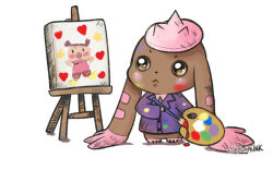 Rule 34 | 1girl, alternate costume, beret, chibi, digimon, digimon (creature), digimon tamers, easel, hat, lopmon, paintbrush, painting (action), rabbit, signature, terriermon