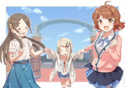 3girls :d ahoge belt blue_overskirt blue_ribbon blue_shorts blue_skirt border breasts brown_belt brown_coat brown_eyes brown_hair buttons camisole cardigan closed_eyes coat collared_shirt commentary_request cowboy_shot denim denim_shorts dragging facing_viewer flat_chest foot_out_of_frame gakuen_idolmaster gate grey_hair hair_ornament hairclip hanami_ume hatsuboshi_gakuen_school_uniform highres holding_hands idolmaster jacket kuramoto_china long_hair long_sleeves looking_at_viewer medium_breasts medium_hair multiple_girls neck_ribbon open_clothes open_mouth orange_ribbon outside_border overskirt parted_bangs partially_unbuttoned pink_cardigan ribbon school_uniform shinosawa_hiro shirt short_sleeves shorts skirt smile spaghetti_strap swept_bangs usagichama white_border white_camisole white_shirt