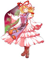 1girl :o alphes_(style) blonde_hair boots bow brown_boots closed_eyes commentary_request dairi dress flame_print full_body hair_bow hat highres large_variant_set long_sleeves mob_cap multiple_hair_bows open_mouth parody portal_(object) purple_tabard red_bow simple_background sleeves_past_wrists smile solo style_parody tabard tachi-e touhou transparent_background variant_set white_dress white_hat white_sleeves wide_sleeves yakumo_yukari yin_yang