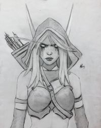 absurdres angry arrow_(projectile) bare_shoulders highres hood huge_filesize long_hair simple_background solo sylvanas_windrunner warcraft warcraft_iii warcraft_iii