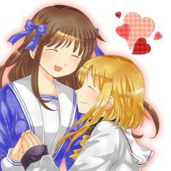 2girls bad_id bad_pixiv_id blonde_hair brown_hair closed_eyes fruits_basket hair_ribbon happy heart holding_hands honda_tooru long_hair multiple_girls nan_(35323532) plaid ribbon school_uniform serafuku short_hair smile souma_kisa