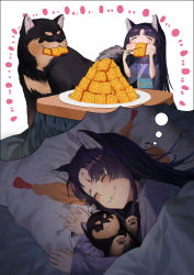 1girl absurdres aburaage animal_ears arknights bed black_hair black_kimono chopsticks dog dog_ears dog_girl dreaming drooling eating closed_eyes facial_mark food forehead_mark hand_on_own_face happy highres holding japanese_clothes kimono long_hair purple_kimono saga_(arknights) shiba_inu sleeping tofu uh9