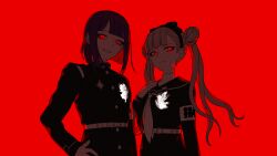 1boy 1girl absurdres armband belt black_hairband black_sailor_collar black_serafuku blunt_bangs blunt_ends bow_hairband commentary_request double_bun facial_mark frown gakuran gloves grin hair_bun hairband hand_on_own_chest hand_on_own_hip highres hole_in_chest hole_on_body ima_(shineidie) last_defense_academy_school_uniform long_hair neckerchief pink_hair purple_hair red_background red_eyes red_theme sailor_collar school_uniform serafuku short_hair siblings simple_background smile the_hundred_line_-last_defense_academy- tsukumo_ima tsukumo_kako twins twintails white_armband white_belt white_gloves white_neckerchief