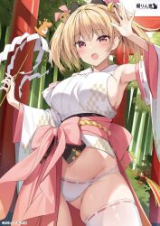 1girl :o arm_up armpits artist_name bell blonde_hair blush breasts commentary_request copyright_notice cowboy_shot detached_sleeves groin hair_bell hair_ornament hand_up japanese_clothes jingle_bell kimono large_breasts looking_at_viewer nekorindou nontraditional_miko open_mouth oryo_(oryo04) outdoors panties pink_ribbon red_eyes ribbon second-party_source short_hair short_twintails shrine sideboob sleeveless sleeveless_kimono smile solo standing thighhighs thighs torii twintails underwear white_kimono white_panties white_thighhighs wide_sleeves