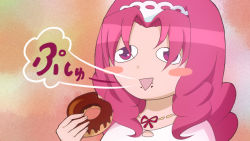 1girl akagi_towa blush_stickers donut female_focus food food_on_face go!_princess_precure gradient_background parody precure sawashiro_miyuki solo style_parody triangle_mouth voice_actor_connection wakako-zake