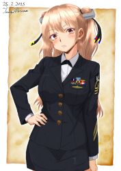 1girl alternate_costume artist_name black_jacket black_necktie black_ribbon black_skirt brown_eyes brown_hair collared_shirt commentary_request hair_ornament hair_ribbon hand_on_own_hip highres hisamatomoki jacket johnston_(kancolle) kantai_collection long_sleeves looking_at_viewer military_dress_uniform military_rank_insignia military_uniform naval_dress_uniform naval_uniform necktie one-hour_drawing_challenge ribbon ribbon_bar shirt signal_flag skirt solo two_side_up united_states_medal_of_honor white_shirt