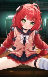 1girl absurdres black_choker black_sailor_collar black_skirt blue_thighhighs bow bowtie braid breasts cardigan choker commentary comodox english_commentary green_eyes highres indoors large_variant_set long_hair long_sleeves looking_at_viewer miniskirt no_panties open_mouth paid_reward_available pink_cardigan pleated_skirt red_hair sailor_collar single_thighhigh sitting skirt small_breasts solo spread_legs striped_clothes striped_thighhighs thigh_strap thighhighs twin_braids ukinami_yuzuha variant_set white_bow white_bowtie zenless_zone_zero