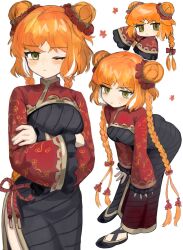 1girl ass black_shoes blush braid breasts chibi chibi_inset china_dress chinese_clothes chinese_knot closed_mouth commentary crossed_arms dot_nose double_bun dress family_hierarch_candidate_(identity)_(project_moon) flower_symbol freckles full_body green_eyes hair_bun hair_ribbon hands_on_own_legs highres ishmael_(project_moon) leaning_forward limbus_company long_hair looking_at_viewer one_eye_closed orange_hair pout project_moon ribbon ro/ku shoes simple_background sleeves_past_wrists sweatdrop twin_braids very_long_hair white_background