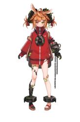 +_- 1girl absurdres animal_ears bow braid brown_shoes chain closed_mouth food_wrapper full_body green_eyes hair_bow hair_ornament heterochromia highres jacket kaka_etsuboniel leaf mismatched_pupils no_pants official_art orange_hair pointy_ears red_bow red_eyes red_jacket scissors shoes simple_background sleeves_past_wrists smile solo standing tachi-e toes torn_clothes torn_jacket track_jacket transparent_background vebop_project virtual_youtuber x_hair_ornament zenmaibook zipper zipper_pull_tab
