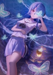 1girl absurdres arm_under_breasts ascot black_ascot black_bow blue_butterfly blue_hair blurry blush bow braid breasts bug butterfly commentary crown_braid depth_of_field dutch_angle eyelashes eyes_visible_through_hair feet_out_of_frame flowingcrescent from_above glowing_butterfly hair_between_eyes hair_bow hair_ribbon hair_spread_out hand_up highres insect knee_up lantern long_hair looking_at_animal lying medium_breasts midriff_peek miniskirt night ocean on_back one_eye_covered open_mouth outdoors puffy_short_sleeves puffy_sleeves red_eyes red_ribbon ribbon sailor_collar school_uniform serafuku shirt short_sleeves sidelocks signature skirt solo sorakado_ao summer_pockets summer_pockets_school_uniform very_long_hair waves white_ribbon white_sailor_collar white_serafuku white_shirt white_skirt