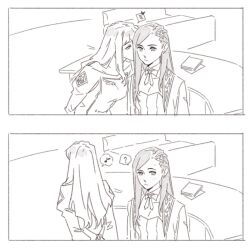 2girls ? blush book commentary_request desk detached_sleeves greyscale guri_gom hair_ornament hairclip indoors juliet_sleeves kiss kissing_cheek korean_commentary long_hair long_sleeves meister_otome_uniform monochrome multiple_girls musical_note my-otome natsuki_kruger puffy_sleeves shizuru_viola spoken_musical_note spoken_question_mark yuri