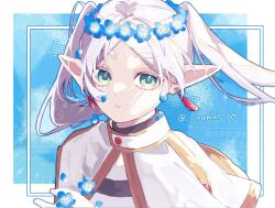 1girl aqua_eyes blue_background earrings elf facial_mark flower frieren hair_flower hair_ornament head_wreath highres jewelry long_hair looking_at_viewer nogiro_(usa_ru) parted_lips pointy_ears see-through_clothes solo sousou_no_frieren twintails upper_body white_flower white_hair