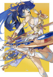 1girl absurdres arched_back armpit_crease artist_name bare_shoulders blue_hair blue_nails border breasts bridal_legwear feet foot_out_of_frame gohanduck gold_bra gold_trim hair_ornament hand_up highres holding_with_feet iuno_(wuthering_waves) jewelry legs long_hair looking_at_viewer medium_breasts miniskirt missing_commentary mole mole_on_armpit nail_polish no_shoes open_mouth panties pleated_skirt ring simple_background skirt solo standing standing_on_one_leg tacet_mark_(wuthering_waves) tassel teeth toenail_polish toenails toes twintails underboob underwear upper_teeth_only very_long_hair weapon white_border white_panties wuthering_waves yellow_background
