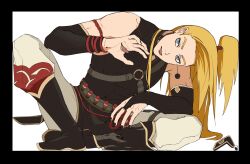1boy armband baggy_pants black_gloves black_nails blonde_hair blue_eyes chinese_knot cleavage_cutout clothing_cutout deidara_(naruto) elbow_gloves extra_hands eyeliner fingerless_gloves gloves high_ponytail highres ka13kab long_hair looking_at_viewer makeup male_focus naruto_(series) naruto_shippuuden official_alternate_costume pants ponytail red_armband side_slit sitting solo unworn_eyewear white_background