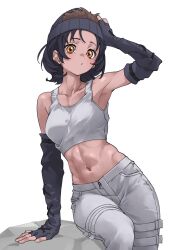 1girl abs arm_up armpits bare_shoulders beanie black_gloves black_hair breasts closed_mouth collarbone commentary crop_top dark-skinned_female dark_skin elbow_gloves fingerless_gloves gloves grey_pants grey_tank_top hand_on_own_head hat highres kemono_friends looking_at_viewer medium_breasts navel orange_eyes pants short_hair simple_background solo tanabe_(fueisei) tank_top toned toned_female western_lowland_gorilla_(kemono_friends) white_background white_tank_top