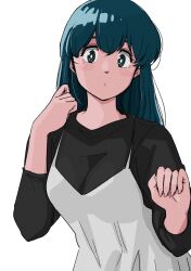 bad_tag blue_eyes blue_hair clenched_hands closed_mouth dress highres maison_ikkoku non-web_source otonashi_kyouko poppowerhearts see-through_clothes see-through_dress white_background white_dress