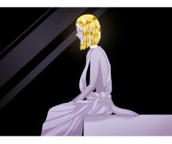 1other absurdres androgynous aqua_hair bare_shoulders black_background blonde_hair bob_cut colored_eyelashes crystal_hair depressed from_side half-closed_eyes highres houseki_no_kuni inverted_bob letterboxed lonely looking_away other_focus parted_lips profile robe short_hair sitting solo sparkle white_robe yagi_hara yellow_diamond_(houseki_no_kuni) yellow_eyes