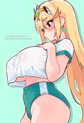 1girl ass bare_legs blonde_hair bloomers blush border breasts brown_eyes covered_erect_nipples earrings gym_uniform hair_ornament jewelry large_breasts long_hair mythra_(massive_melee)_(xenoblade) mythra_(xenoblade) navel nipples no_bra pongldr self-upload simple_background solo_focus standing thighs tiara underwear white_border xenoblade_chronicles_(series) xenoblade_chronicles_2