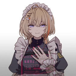 1girl ahoge animal_hair_ornament apron artist_name black_dress blonde_hair breasts buttons closed_mouth commentary_request dress eyelashes fingernails frilled_apron frilled_wrist_cuffs frills fura_kanato genderswap genderswap_(mtf) gradient_background greyscale hair_between_eyes hair_ornament hairclip hand_up highres jewelry kana_(fura_kanato) long_hair looking_at_viewer maid maid_apron maid_headdress mapogeso medium_breasts monochrome multicolored_hair nail_polish necklace nijisanji orange_hair pink_nails puffy_short_sleeves puffy_sleeves purple_eyes short_sleeves signature simple_background smile solo streaked_hair twitter_username upper_body virtual_youtuber water white_apron white_background wrist_cuffs