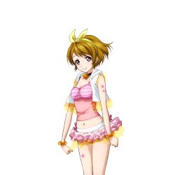 1girl anime_coloring bikini black_choker blush bow_hairband breasts brown_hair choker cleavage clenched_hands closed_mouth collarbone cowboy_shot flower_tattoo frilled_sleeves frills hairband jacket koizumi_hanayo layered_bikini leg_tattoo looking_at_viewer love_live! love_live!_school_idol_festival love_live!_school_idol_project medium_breasts natsuiro_egao_de_1_2_jump! navel official_art open_clothes open_jacket pink_frills pink_swim_trunks purple_eyes see-through_clothes short_hair smile solo swimsuit tattoo transparent_background white_jacket wristband yellow_hairband yellow_nails