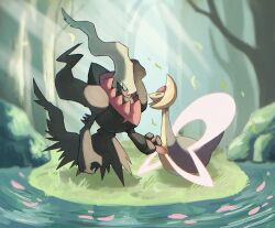 ashita_mo black_skin blue_sclera closed_eyes colored_sclera colored_skin cresselia darkrai floating forest full_body gen_4_pokemon grass highres holding_hands legendary_pokemon looking_at_another mythical_pokemon nature nintendo no_humans outdoors petals petals_on_liquid pokemon pokemon_(creature) tree water