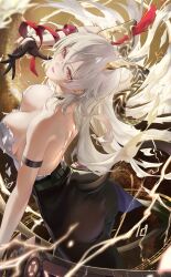 1girl absurdres ass bad_id bad_twitter_id bare_back black_gloves black_horns black_pants black_tail breasts chigusa7h commentary_request curled_horns gloves hair_between_eyes hand_up high-waist_pants highres horns large_breasts long_hair looking_at_viewer necktie necktie_around_wrists pants parted_lips red_eyes red_necktie shirt solo tacet_mark_(wuthering_waves) torn_clothes torn_shirt white_hair white_shirt wuthering_waves zani_(wuthering_waves)