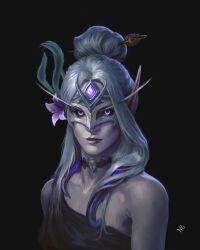 Rule 34 | 1girl, black background, black sclera, choker, colored sclera, eye mask, flower, grey hair, hair flower, hair ornament, hairpin, highres, long sidelocks, looking at viewer, original, pale skin, pointy ears, portrait, purple eyes, purple flower, sidelocks, solo, updo, upper body, uzzzyzzzu