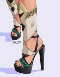1girl absurdres artist_name black_hair black_sandals blue_background commentary feet feet_only foot_focus genshin_impact high_heel_sandals high_heels highres nail_polish sandals shadow signature silent7stars simple_background solo stiletto_heels toenail_polish toenails toes xilonen_(genshin_impact)