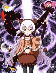 1girl abstract_background absurdres beanie bubble bubble_skirt cape capelet charlotte_(madoka_magica) commentary_request cowboy_shot earflap_beanie fingerless_gloves frown gloves hat highres holding holding_instrument holding_trumpet instrument long_hair looking_at_viewer magical_girl mahou_shoujo_madoka_magica mahou_shoujo_madoka_magica:_hangyaku_no_monogatari momoe_nagisa momoe_nagisa_(magical_girl) orange_capelet pantyhose polka_dot polka_dot_legwear polka_dot_pantyhose shinkai_no_shachi skirt solo soul_gem trumpet twintails two_side_up very_long_hair white_hair witch_(madoka_magica) yellow_eyes