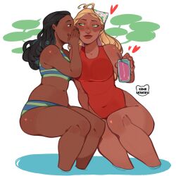 artist_name black_hair blonde_hair blue_eyes breasts cleavage couple highres kamii_momoru large_breasts lifeguard_(lilo_&amp;_stitch) lilo_&amp;_stitch long_hair nani_pelekai navel one-piece_swimsuit simple_background smile swimsuit thighs white_background yuri
