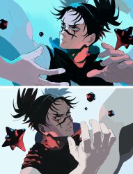1boy black_hair black_shirt blue_background casting_spell choso_(jujutsu_kaisen) closed_mouth facial_mark fingernails grimace highres horocca jujutsu_kaisen looking_to_the_side male_focus multiple_views parted_lips shirt white_background