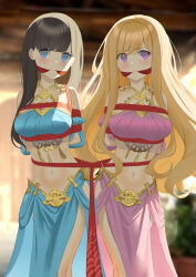 2girls absurdres arms_behind_back bdsm belly blush bondage bound bound_arms cailin020 cleave_gag cloth_gag collarbone female_focus gag gagged harem_outfit highres improvised_gag midriff multiple_girls navel original red_rope restrained rope shibari stomach tied_up_(nonsexual)