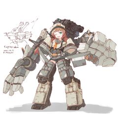 1girl absurdres ammunition_pouch arm_belt armor battle_of_titans belt blue_eyes brown_hair hat highres hozukikasumi looking_at_viewer low_twintails machinery mecha_musume mechanical_arms mechanical_hands mechanical_legs mechabare naval_guns one_eye_closed personification plate_armor pouch rocket sailor sailor_collar sailor_hat sailor_shirt shirt shorts tirpitz_(battle_of_titans) twintails utility_belt very_long_sleeves white_background