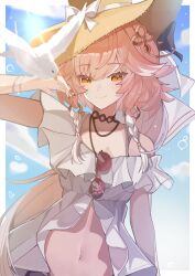 1girl bare_shoulders bird braid breasts changli_(wuthering_waves) chumingjinge closed_mouth eyewear_hang hat highres jewelry long_hair looking_at_viewer multicolored_hair navel pink_hair shirt shorts smile solo straw_hat sun_hat unworn_eyewear upper_body white_shirt wuthering_waves
