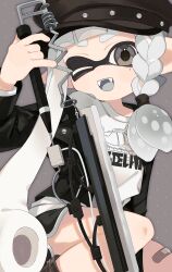 Rule 34 | 1girl, asymmetrical hair, bandaid, bandaid on leg, black eyes, black hat, black jacket, black shorts, braid, dolphin shorts, fangs, grey background, grey hair, grey tongue, hat, highres, holding, holding weapon, inkling, inkling girl, inkling player character, jacket, long hair, long sleeves, looking at viewer, mole, mole under eye, nintendo, one eye closed, open clothes, open jacket, open mouth, peaked cap, pointy ears, sabata saba, shorts, single braid, smile, solo, splatana wiper (splatoon), splatoon (series), splatoon 3, sweater, tentacle hair, weapon, white sweater