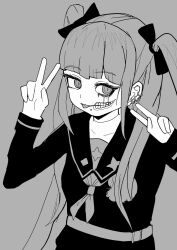 Rule 34 | 1girl, amemiya darumi, bow, double v, ear piercing, face piercing, female focus, grey background, greyscale, hair bow, highres, lip piercing, makeup, monochrome, piercing, runny makeup, simple background, solo, solo focus, the hundred line -last defense academy-, tongue, tongue out, twintails, v