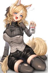 1girl absurdres animal_ear_fluff animal_ears arknights arm_support black_shorts black_sweater black_thighhighs blonde_hair blue_eyes blush breasts can commentary_request drink_can drunk fang half_updo hand_up highres holding holding_can horse_ears horse_girl horse_tail large_breasts looking_at_viewer open_mouth putcho short_shorts shorts simple_background sitting skin_fang smile solo squeans sweat sweater tail thick_thighs thighhighs thighs torn_clothes torn_thighhighs turtleneck turtleneck_sweater whislash_(arknights) white_background yokozuwari
