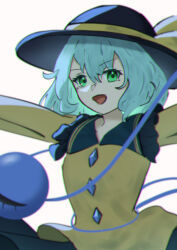 1girl absurdres black_hat black_skirt frilled_shirt frills green_eyes green_ribbon green_shirt grey_hair hair_between_eyes hat hat_ribbon heart heart_of_string highres komeiji_koishi long_sleeves medium_hair open_mouth pleated_skirt ribbon shirt short_hair simple_background skirt smile solo tachyon663504 touhou white_background wide_brim