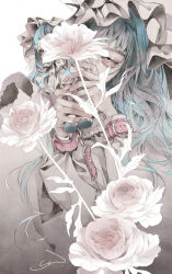 1girl blending blue_hair bonnet commentary_request cuffs doll flower flower_over_eye hands_up highres holding holding_doll long_hair long_sleeves looking_at_viewer one_eye_covered original signature solo upper_body white_flower yue_(memento1113)