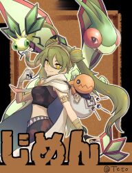 197_607_886 1girl absurdres armlet bag bandaged_arm bandages cape crop_top double_bun dragon fang flygon gen_3_pokemon gloves great_ball green_hair ground_miku_(project_voltage) hair_between_eyes hair_bun hatsune_miku highres holding holding_poke_ball jewelry long_hair looking_at_viewer midriff nintendo orange_eyes pants poke_ball pokemon pokemon_(creature) project_voltage single_glove smile trapinch twintails very_long_hair vibrava vocaloid white_gloves