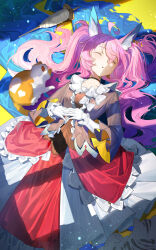 1girl ahoge animal_ear_fluff animal_ears bad_source black_choker bow cat choker closed_eyes day dress dress_bow fox_ears fox_girl frilled_dress frills gloves gradient_hair hair_between_eyes hands_on_own_stomach highres indie_virtual_youtuber indoors long_bangs long_hair long_sleeves lying multicolored_hair official_art on_back open_mouth own_hands_together pink_hair shadow sidelocks sleeping solo teletha_(vtuber) twintails virtual_youtuber white_gloves wide_sleeves